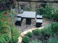 Dark Charcoal Square Terrazzo Garden Table and 4 Fibreglass Stools